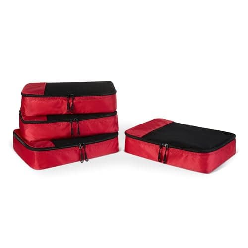 Amazon Essentials 4-Piece Packing Cubes Travel Accessories Set, Luggage Organiser with Double Zip, Mesh Top, Polyester, Medium, Red (Previously Amazon Basics)