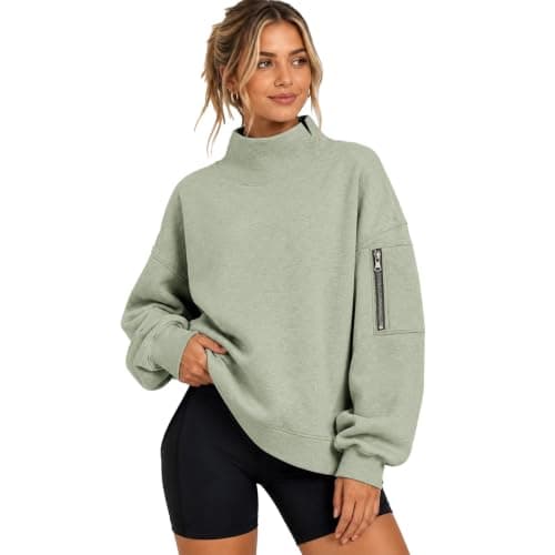 Womens Oversized Sweatshirts Mock Neck Pullover Long Sleeve Fleece Tops | Fall Fashion Outfits 2026 Clothes Comfort Soft Travel Casual Work Lounge Daily Outfit Light Green — view 5
