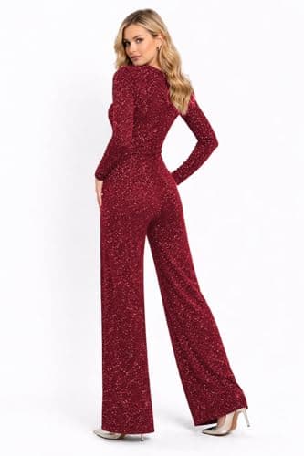 INSAFIANS Women’s Jersey co-ords sets Shiny Glitter 2 piece outfit long sleeve top wide leg Pants loungewear casual wear Tracksuit sets (Maroon 3XL Long) — view 3