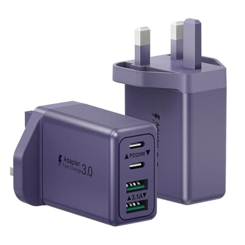 Suiwel 2-Pack Purple 40W 4-Port USB Charger Plug, USB C PD Power Adapter + QC 3.0, Multi USB Plug UK, Fast Charging for iPhone 16-11, Samsung Galaxy, iPad, Google