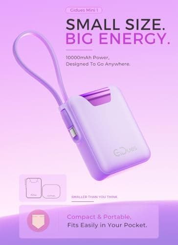 Gidues M1 Mini Portable Charger, 10000mAh Ultra-Compact Power Bank, 22.5W PD Fast Charging, Tpye-C Built-in Cable, Small External Battery Pack for iPhone, Samsung, Android iPad (Purple) — view 3