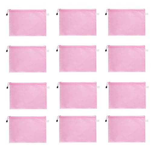 A4 Zip Folders, Plastic Wallets Zip Lock Bags for Offices Home Travel School Supplies, Zip Wallets Plastic Folders File Pockets File Bag for Cosmetics, Cross Stitch, Puzzles, Pack of 12, Pink
