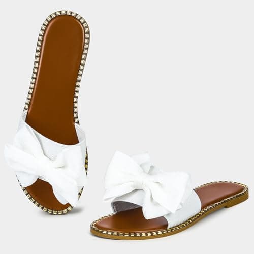 Sksshion Women's Bow Knot Slides Open Toe Flat Sandals Summer Slip On Slippers White 6 — view 6