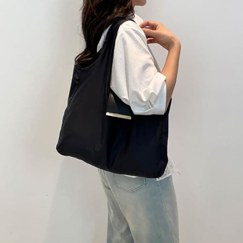 Foldable Keychain Tote Bag with Premium Leather Pouch Expandable Reusable Grocery Shopping Bag Large Capacity Lightweight Portable Handbag for Travel Daily Use (black) — view 3