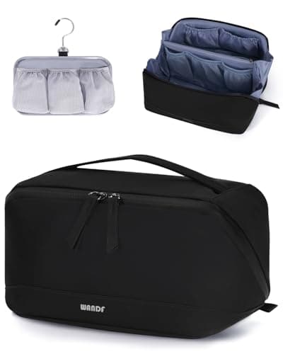 WANDF Toiletry Bag for Men Travel Wash Bag PU Leather Toiletry Organizer with Detachable Waterproof Hanging Pouch Open-Flat Dopp Kit Shaving Bag with Wet Pocket for Travel Accessories (Black)