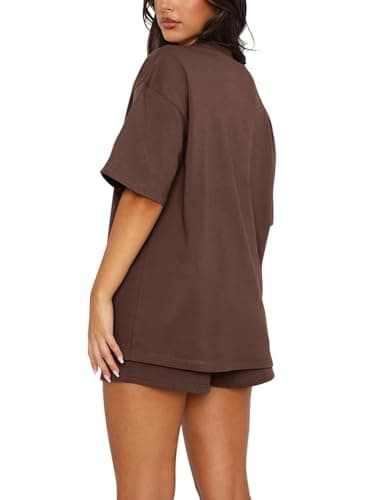 REORIA Women Cotton Short Sleeve Tracksuit Set Crew Neck Solid Color Shirt and Shorts with two Pockets two piece Outfit co ord Sets Coffee L — view 3