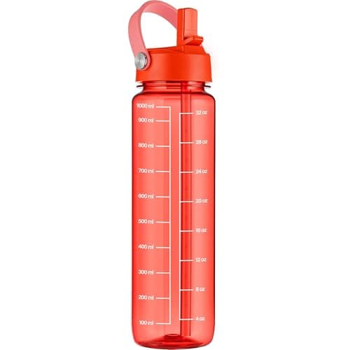 GOPPUS 1000ml/32oz Clear Water Bottle with Straw, Tritan Leakproof Sports Drinking Bottle, BPA Free Wide Mouth Gym Bottle with Handle and Measurement Marks for School, Gym, Travel (Red)