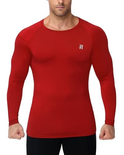 Runhit Men's Red Long Sleeve Compression Top, Crew Neck Sports Base Layer Shirts UPF 50+, Quick Dry Mens Undershirt for Fitness Motorcycle Rugby Workout M — view 2