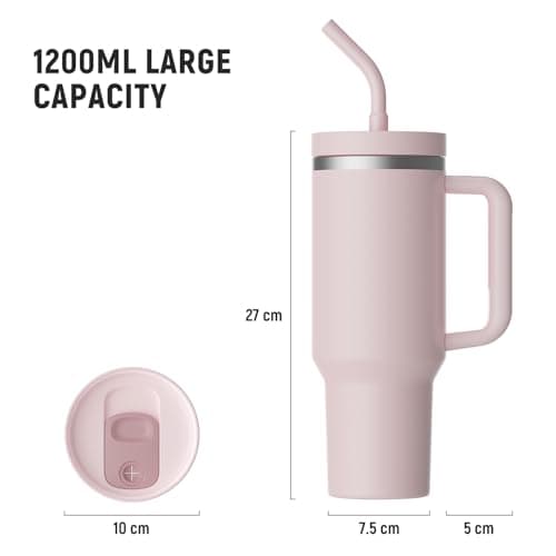 LEIKEEGO Travel Mug Coffee Cup, 1200ml/40oz Tumbler with Straw and Lid, Stainless Steel Double Wall Vacuum Insulated Coffee Cup with Handle-Keeps Cold for 24H-Hot for 12H(Pink) — view 3