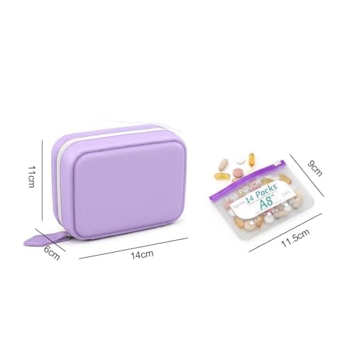 A8 Waterproof Pill Pouch Set, Weekly Pill Organiser with 14 Colour-Coded Pouches, Reusable Travel Medication Storage Binder, Portable Zip Pill Case for Vitamins, Fish Oil and Tablets-Purple — view 6
