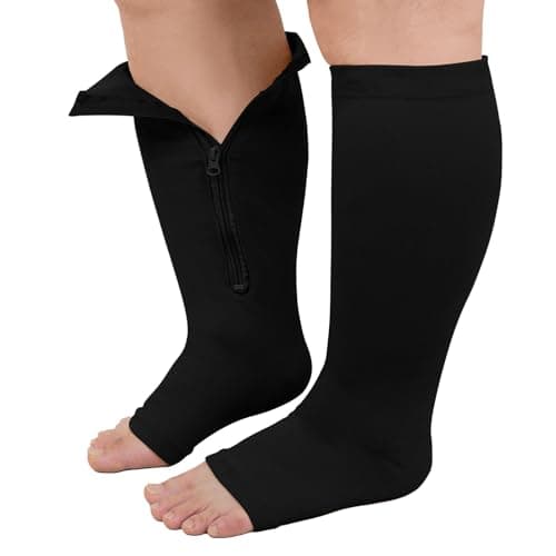 PUTUO Plus Size Compression Socks: Wide Calf Zip Flight Sock Women Men Extra Large Graduated Open Toe Support Stockings for Travel Black L/XL 1Pairs
