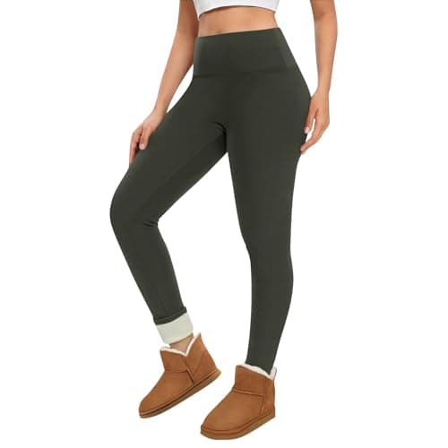 Women's High Waisted Fleece Lined Leggings Warm Thermal Tights Army Green