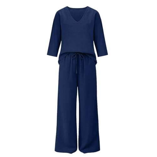 Smart Airport Outfits for Women 2026 Two Piece Linen Sets for Women UK Plus Size Spring Summer Work Outfits 3/4 Sleeve V-Neck Henley Tops Wide Leg Drawstring Palazzo Pants Lounge Wear Set — view 2
