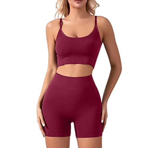 Generisch Sports Set Women's Yoga Outfit Set Women's Training Sets Tank Top 2 Pieces Seamless High Waist Fitness Outfit Yoga Shorts Sets, red, M