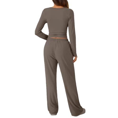 Ladies Tracksuit Sets Khaki 2 Piece Long Sleeve Round Neck Crop Top Side Pocket Wide Leg Trousers Co Ords Sets Lounge Wear Sets for Women UK Travel Loungewear Autumn Outfits Size XL — view 2