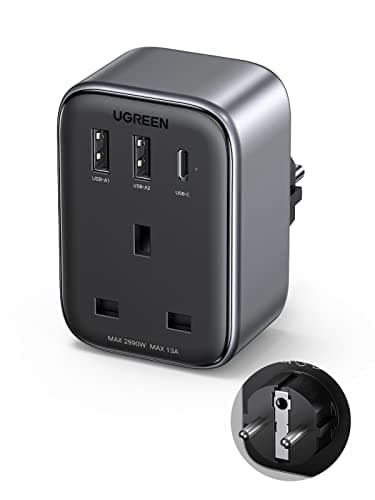 UGREEN UK to European Plug Adapter, 30W PD Travel Adapter with 4 USB Ports