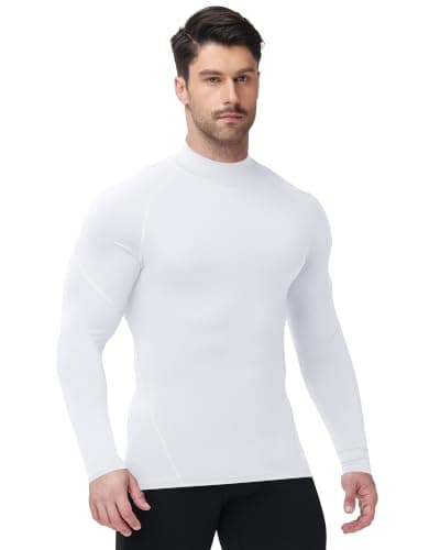 Runhit Men's White Long Sleeve Compression Base Layer T Shirt, Quick Dry Running Top Mock Turtleneck Breathable Thermal Football Underlayer for Gym Workout Fitness Training Work Sports L — view 2
