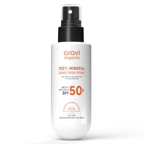 Aravi Organic 100% Mineral Sunscreen Spray SPF 50 PA++++ | Broad Spectrum UVA/UVB & Blue Light Protection | Hydrating, Lightweight & Non-Greasy | No White Cast | Water Resistant | Zinc Oxide & Titaniu