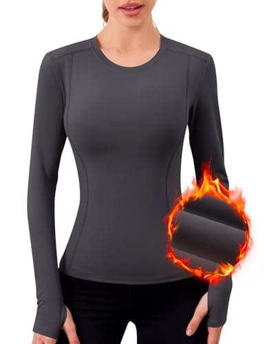 IECCP Women Thermal Long Sleeve Thermal Top with Thumb Holes Shirts Crew Neck Fleece Lined Base Layer Soft Undershirt Tops Cold Weather Athletic Shirt Gray M