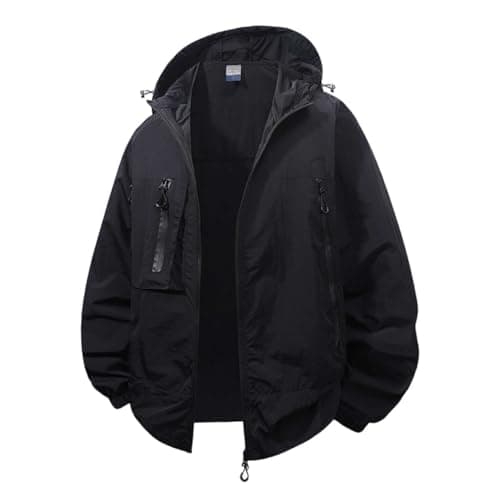Anbiryeik Waterproof Jackets for Men Uk Hooded Hiking Jacket Lightweight Softshell Windbreaker Breathable Packable Raincoat Summer Pullover Top for Travelling Work Cycling Camping Black 4XL