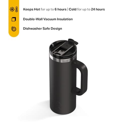 RTIC 20oz Road Trip Travel Mug with Lid and Handle, Ceramic Lined, Insulated, Stainless Steel, Metal, Double Wall Vacuum-Insulation, Portable Coffee, Tea Cup for Hot and Cold Drink, Black — view 2