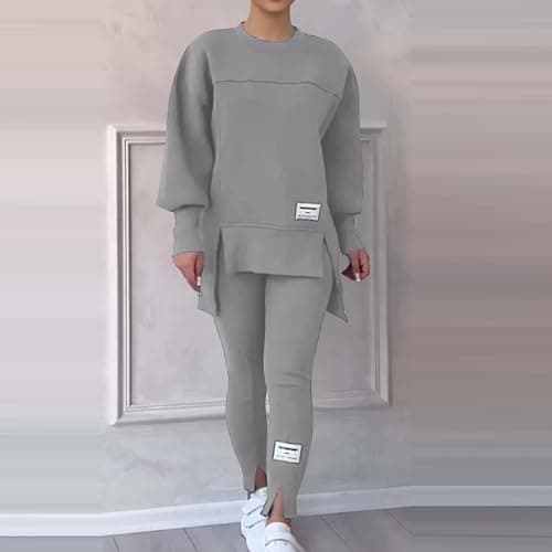 NSICBMNO Gray Womens Tracksuit Set 2 Piece Outfits Oversized Sweatshirts Gym Leggings Airport Out Long Jumpers Split Hem Trousers Casual Co Ord Sets Winter Lounge Wear Sets For Gym Sports Travel — view 5