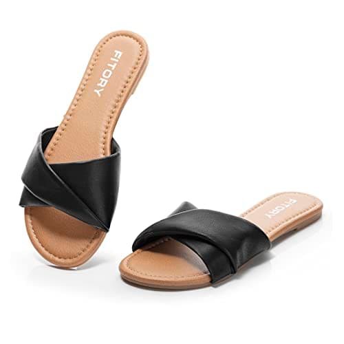 FITORY Women's Sandals Flat Slip On Leather Summer Slide Pure Black Size 5