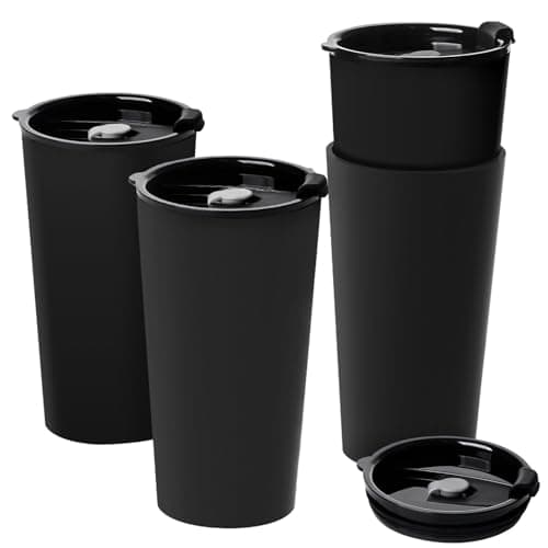 Greentainer Travel Mugs with Lids, Plastic Large Unbreakable Coffee Cups, 600ml Reusable to Go Camping Coffee Tumbler for Cold Water, Beer, Milk, Dishwasher & Microwave Safe, Set of 4
