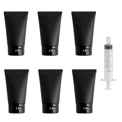 Upstore 6Pcs 150ml 5oz Black Plastic Travel Bottles Refillable Squeeze Soft Tubes with Flip Top Cap for Shampoo Lotion Toiletries Makeup Cosmetic Storage