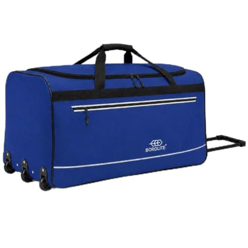 Bordlite Extra Large 105L Wheeled Travel Holdall, 30 Inch Water-Resistant Tarp Rolling Duffle Bag with 3 Smooth Wheels, Telescopic Pull Handle & Front Zip Pocket, 77x38x36cm, Blue