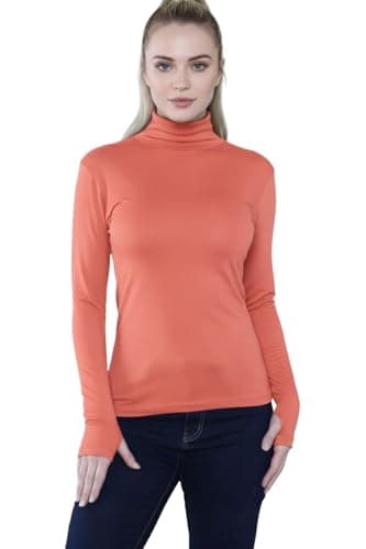 STAR FASHION Women’s Long Sleeve Polo Neck Top with Thumb Hole Ladies Roll Neck Stretch Gym Yoga Running Base Layer Soft Viscose High Neck Pullover Coral-12-14