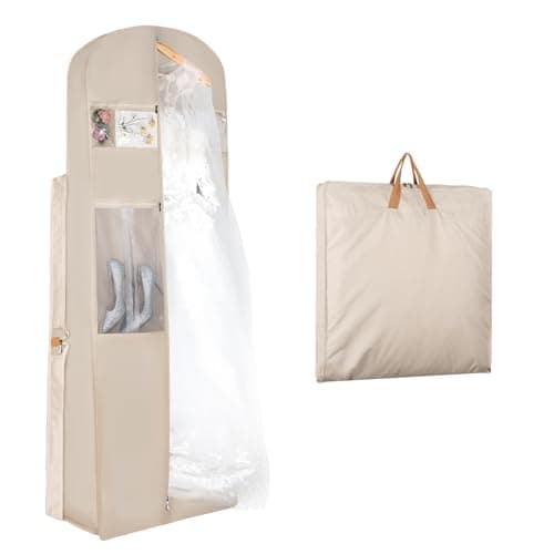 Syeeiex Wedding Dress Bag, Carry On Garment Bag Dress Cover 72 Inch Dress Carrier with Large Pockets & PVC Transparent Window, Breathable Dress Carriers for Women Travel for Wedding and Feast, Cream