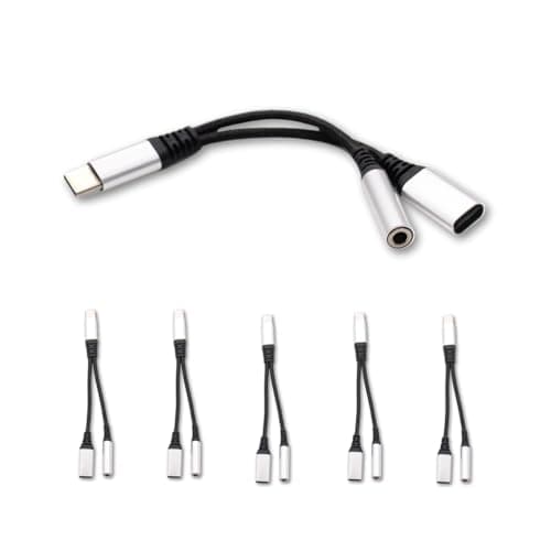 AJPARTS UK USB-C to 3.5mm Jack + Charging Splitter Cable – Short Adapter for Headphones + Power – Ideal for Travel, Car, Work & Gaming – 13.5cm SILVER (5 Pack)