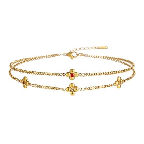 Kovonchy Ankle Bracelets for Women Four Flower Charms Stainless Steel Waterproof Dainty Layered Beach Summer Anklet Jewelry