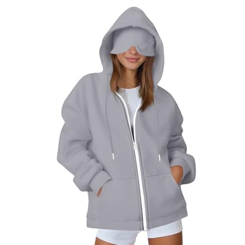 ThiCc Airplane Mode Travel Hoodie – Women's Oversized Comfy Long Sleeve Full Zip Pullover Sweatshirt with Hidden Pocket for Airport Lounge Daily Use Streetwear (Light Grey,L)
