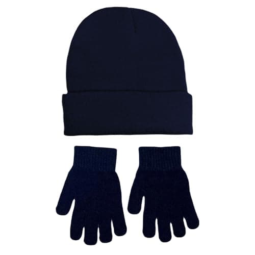 WESTEND CHOICE Boys Girls Hat and Gloves Set Teenagers Winter Warm Magic Glove Knitted Kids Unisex Gloves and Hat Set Age 8-12 (Navy)