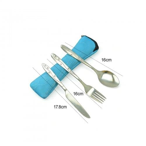 3-Piece Camping Cutlery Set with Portable Pouch - Stainless Steel Travel Knife Fork Spoon Set with Neoprene Case for Outdoor Picnic, Hiking, Office Lunch, School - Sky Blue — view 5