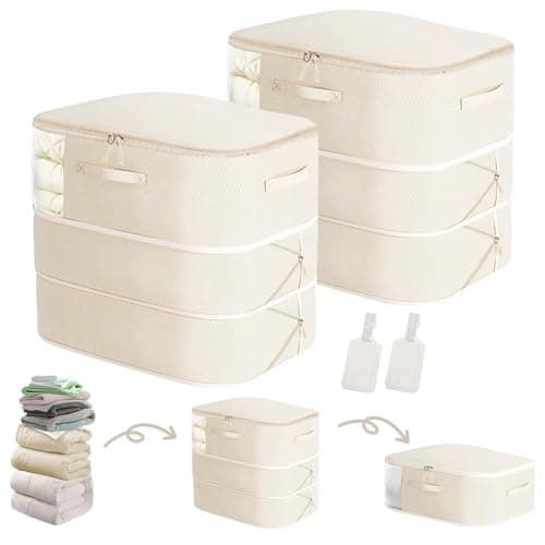 Space Saving Compression Storage Bags, 2 Pack Large Compression Packing Cubes, 3-Layer Space Saver Bags, Compress 136L to 68L for Comforters, Clothes, Pillow, Blankets, Bedding, Moving, Dorm, Beige