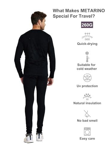 ZSOSBA METARINO Men's 100% Merino Wool Base Layer Set Thermal Underwear Casual Top,Bottom for Hiking Travel Skiing, Black, S — view 2