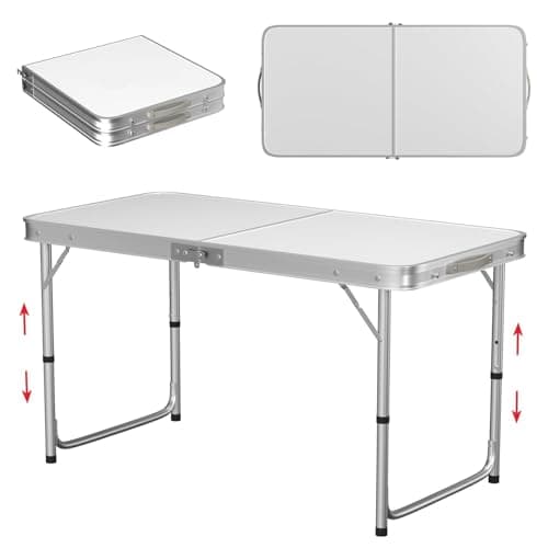 4ft Folding Table, 3 Adjustable Heights Camping Table (55/62/70 cm), Aluminum Trestle Table with Load Capacity of 50kg, Portable Picnic Table with Carrying Handle Perfect for Indoor and Outdoor Use