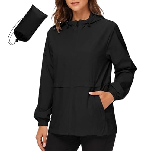 Saxrel Waterproof Jackets Women Packable Hooded Rain Jacket - Nylon Windproof Full-Zip Windbreaker Raincoat with Pockets for Trips Hiking Travel Camping Commute Rainy Days Sizes S-XXL