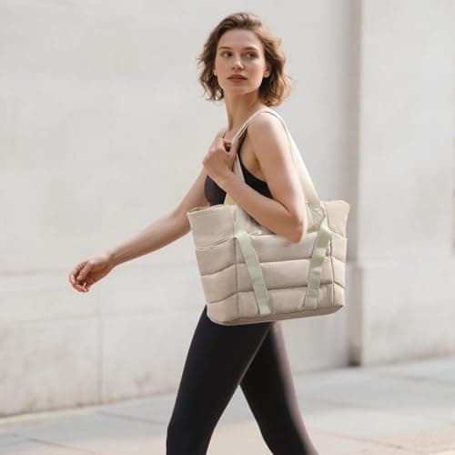 Fexkean Women's Tote Bag with Zipper,Quilted Tote Bag,Sports Gym Bag with Straps for Yoga and Pilates Mats,Large Capacity Sports/Travel Bag(XQ03-Beige) — view 6