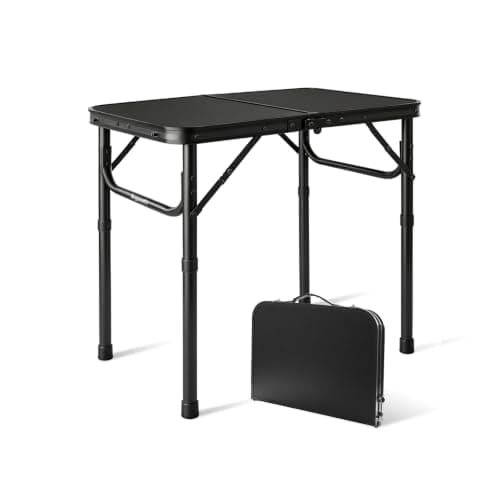 Bingyouth 2ft Small Folding Table 60x40cm, 26/55cm Adjustable Height Portable Camping Table, Lightweight Compact with Carry Handle for Picnic Garden Bedside, Easy-Clean Top, Black