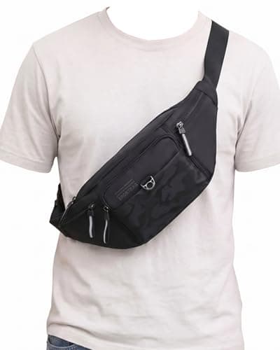 Large Bumbag Waist Fanny Pack Running Belt for Men Ladies Women, Bum Bag with 6-Zipper Pockets Adjustable Belt (Black)