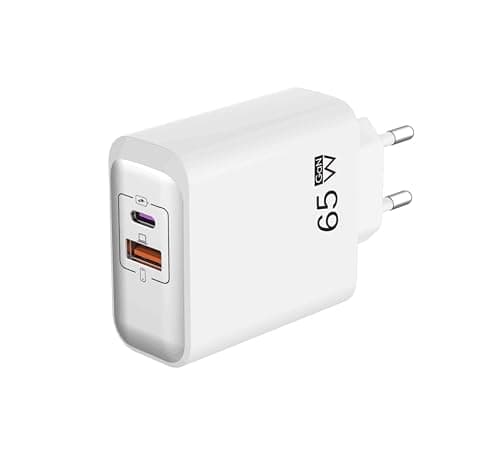 EU plug travel adapter charger, 65W European wall adapter with USB C fast charging port and USB A port, European universal fast charger compatible with iPhone/Samsung/power banks