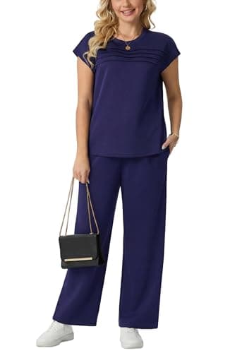 GRECERELLE Two Piece Outfits Women Summer Travel Vacation Tracksuit Womens Full Set Short Sleeve Casual Crew Neck Cap Sleeve Front Plisse Matching Sets Wide Leg Pants (Navy Blue, L) — view 3