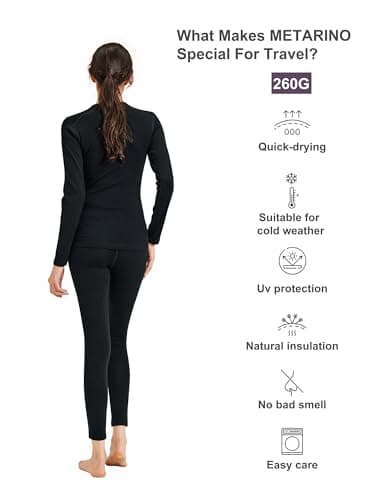 ZSOSBA METARINO Women 100% Merino Wool Base Layer Set Thermal Underwear Casual Top,Bottom for Hiking Travel Skiing, Black, XL — view 2