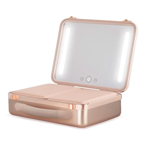 Beautifect Box Rose Gold - Large Makeup Bag with LED Light Up Mirror - Quilted Metallic Vanity Case Travel Cosmetics Bag for Women - Toiletry & Make Up Organiser with Compartments & Brush Holders