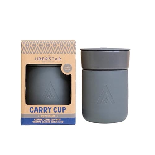Carry Space Grey Ceramic Coffee Cup Insulated Thermal Silicone Lid 350ml