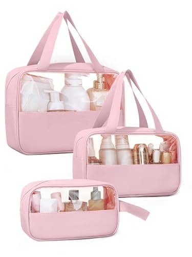Laxee Clear Toiletry Bag 3 Pcs for Women Men, Large PVC Waterproof Wash Bag with Zip and Handle, TSA Approved Travel Toiletry Bags, Portable Cosmetic Bags Makeup Bag for Travel Business Holiday(Pink)